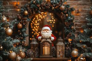 Rustic Arch with Gold Lettering, Santa Claus, Fir Branch, and Christmas Lantern photo