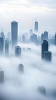 Aerial view of modern cityscape shrouded in fog with skyscrapers illuminated by warm lights photo