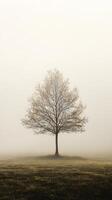 Solitary Tree in Mist-Covered Field with Haunting and Serene Atmosphere photo