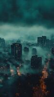 Aerial view of modern cityscape shrouded in fog with skyscrapers illuminated by warm lights photo