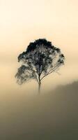 Solitary Tree in Mist-Covered Field with Haunting and Serene Atmosphere photo