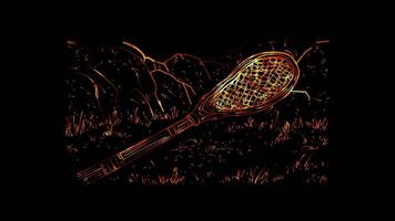 Neon frame effect, Lacrosse Stick A stick with a net for lacrosse on black background video