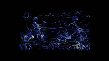 Neon frame effect, athlete cyclist on black background video