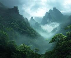 Misty morning in lush green mountains with fog and towering peaks photo