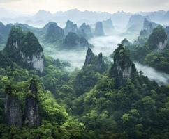Misty morning in lush mountains with towering peaks and fog photo