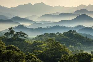 Misty morning in the mountains with lush greenery and distant peaks photo