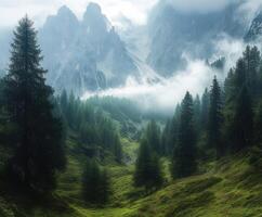 Misty morning in the mountains with evergreen trees and low-lying fog photo
