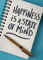 happiness is a state of mind - inspirational handwriting in a spiral notebook, success, positivity and personal development concept photo