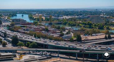 Aerial View of Sacramento with Tower Bridge and Ziggurat Building photo