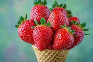 An ice cream cone is overflowing with vibrant, fresh strawberries, creating a tempting and colorful treat against a blurred green background. The combination looks indulgent and fresh. photo