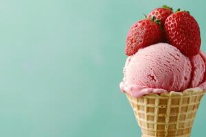 An ice cream cone filled with creamy pink ice cream is adorned with whole, ripe strawberries on top. The treat contrasts beautifully against a soft pastel background. photo