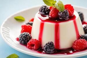 A classic vanilla panna cotta sits elegantly on a white plate, adorned with vibrant red raspberries and blackberries. A glossy berry sauce cascades over the dessert, adding a burst of color. photo