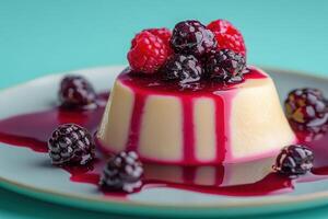 A creamy vanilla panna cotta sits elegantly on a blue plate, garnished with luscious blackberries and raspberries, all drizzled with vibrant berry sauce, creating a striking dessert presentation. photo