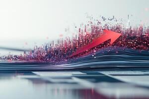 A striking red downward arrow pierces through a vibrant array of digital data, symbolizing a significant decline or negative trend, surrounded by layers of information and graphics. photo