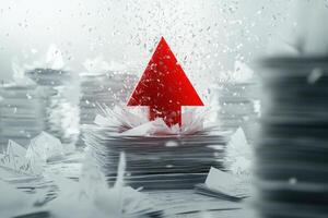 A striking red arrow descends forcefully, creating a dramatic impact on piles of crumpled paper scattered around. The atmosphere conveys a sense of urgency and disruption in a financial context. photo