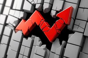 A striking red arrow crashes through a fragmented gray wall, representing a significant downturn in market conditions. This imagery powerfully conveys the impact of financial setbacks and losses. photo