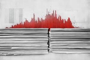 An isolated red arrow cuts through a stack of papers, representing a dramatic decline in data or performance. The visual conveys urgency and loss in a stark yet impactful way. photo