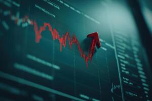 A striking red arrow descends sharply, representing a downturn in market prices. The backdrop features a digital graph, illustrating financial volatility amidst trading activities. photo