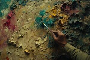 A skilled artists hand grips a brush, delicately mixing vibrant colors on a textured canvas. The workspace is well-lit, enhancing the rich hues and artistic details of the artwork being created. photo