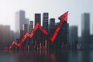 A striking red arrow points downward, piercing through a skyline of tall buildings, representing significant market decline and economic struggles in a modern urban environment. photo