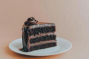 A decadent slice of chocolate cake showcases its layers filled with creamy frosting, resting elegantly on a white plate. The ganache drips invitingly, promising a rich dessert experience. photo