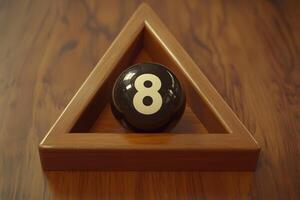 A black snooker ball marked with the number eight sits centered in a wooden triangular rack on a smooth wooden table. The setting is bright, highlighting the craftsmanship of the rack. photo