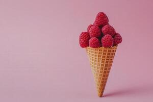 An isolated ice cream cone holds a generous serving of fresh, ripe raspberries on top. The simple pastel pink background highlights the vibrant red fruit and the textured cone. photo