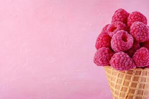 This delightful ice cream cone is overflowing with vibrant, fresh raspberries, showcasing a rich pink color that contrasts beautifully with the cones golden hue. photo