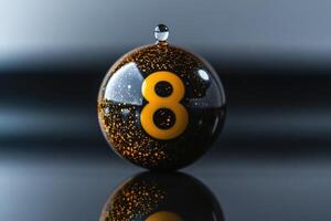 A single snooker ball sits alone on a smooth surface, featuring a striking number and shimmering finish. Above it, a droplet of water captures light, adding a touch of elegance to the composition. photo