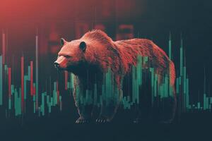 This artwork showcases a bear representing a bearish market, set against stylized financial charts. The clean and minimalist approach highlights the markets downward trend, emphasizing caution. photo