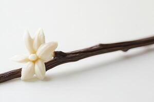 A delicate vanilla flower gently sits atop a slender branch, showcasing its creamy petals against a soft and minimalist backdrop. The composition exudes simplicity and elegance. photo