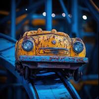 A yellow vintage rollercoaster car sits alone on a weathered track, displaying signs of rust and neglect in an abandoned amusement park. This nostalgic scene hints at bygone thrills and memories. photo