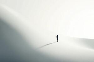 A lone individual stands in a vast, tranquil snowy landscape during early morning hours. The soft light creates a peaceful atmosphere, emphasizing solitude and simplicity. photo