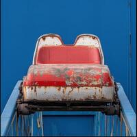 A solitary vintage rollercoaster car, showing signs of age with peeling paint and rust, sits abandoned on the edge of a curved track, creating a striking contrast against a vibrant blue backdrop. photo