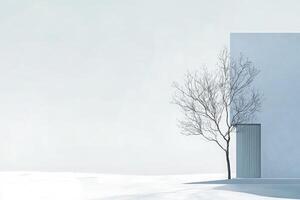 Amidst a serene winter atmosphere, a lone bare tree stands next to a clean white structure, reflecting a minimalist aesthetic. The bright sky adds tranquility to the scene. photo