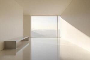 The spacious room features clean lines and a simple design, highlighted by a large window that reveals stunning mountain views, creating a calming and serene atmosphere. photo