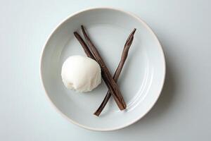 A scoop of creamy dessert sits elegantly on a simple white plate, accompanied by slender vanilla pods, emphasizing a minimalist aesthetic. The focus is on pure flavors and presentation. photo