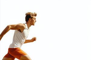 A focused male athlete is running at full speed, showcasing determination and strength. His athletic attire and dynamic pose emphasize speed and agility against a plain white backdrop. photo