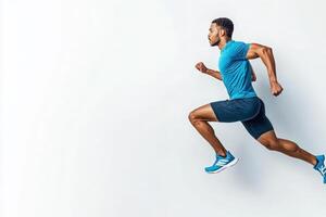 An athletic runner is captured mid-sprint, showcasing strength and determination. He wears a blue shirt and shorts, emphasizing movement and energy while training in a bright environment. photo