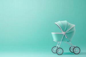 A charming baby carriage in soft mint green is showcased against a smooth, solid pastel background, highlighting its design and simplicity in a contemporary atmosphere. photo