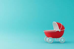 A vibrant red baby carriage stands prominently against a solid turquoise backdrop, inviting playful outings. Its sleek design highlights comfort and style for little ones on the go. photo
