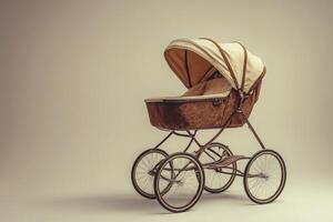 This baby pram features a classic canopy and a charming design, resting on a smooth, solid backdrop. It highlights the beauty of vintage baby transport in a serene setting. photo
