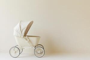 This stylish baby pram features a protective canopy, perched elegantly on a pristine solid surface, perfect for parents on the go. Its neutral design complements any setting. photo