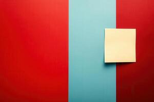 A clean workspace displays vibrant red and blue colors. A blank sticky note is placed on the solid background, serving as a reminder to return to work and stay organized in tasks. photo