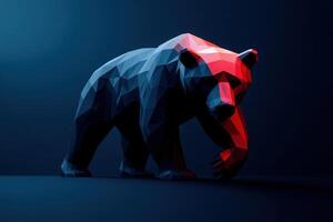 A stylized bear figure, crafted with angular shapes, stands out in a dark blue background. The bear features black and red hues, symbolizing a bearish market, creating a striking visual contrast. photo