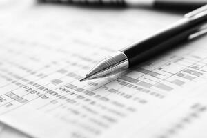 A polished black pen is positioned on a detailed bankrupt balance sheet, surrounded by a minimalist workspace. The focus highlights financial data and emphasizes the complexity of bankruptcy analysis. photo