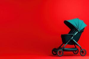 A sleek baby pram featuring a canopy stands prominently on a bright red background, showcasing its modern design. Ideal for parents seeking functionality and style for their young children. photo