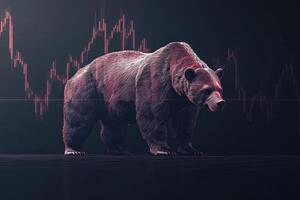 A stylized bear stands prominently in front of a minimalist financial graph, symbolizing a bearish market trend. The design emphasizes the concept of market decline with a focus on simplicity. photo