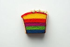 A top-down view of a vibrant slice of rainbow cake features layers of bright colors arranged horizontally. The cake is topped with a smooth layer of cream frosting, enhancing its appealing look. photo