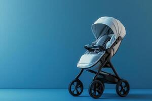A variety of baby stroller accessories are arranged neatly on a solid blue background, showcasing their modern design. photo